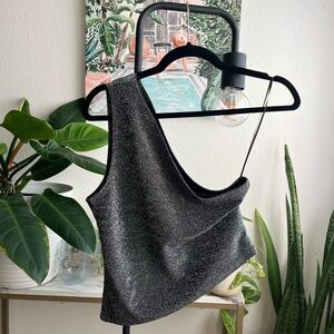 Silence + Noise Shimmering Silver One-Shoulder Crop Top